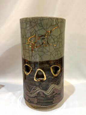 VTG Somayaki Somaware Crackle Stoneware Double Wall Tumbler Golden Horse Japan